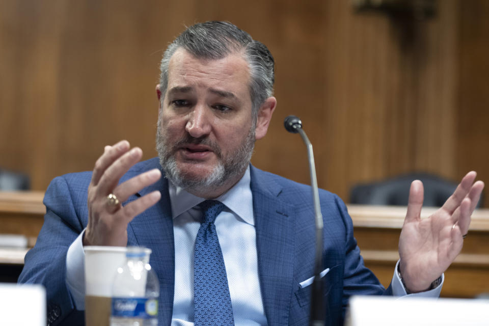 Sen. Ted Cruz, R-Texas, hosts a roundtable on the future of college athletics and the need to codify name, image and likeness rights for student athletes, on Capitol Hill, Tuesday, March 12, 2024, in Washington. (AP Photo/Manuel Balce Ceneta)