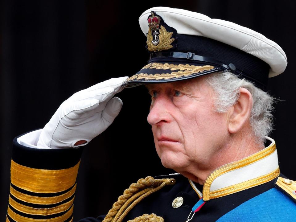 King Charles III attends the Committal Service for Queen Elizabeth II at St George's Chapel, Windsor Castle on September 19, 2022 in Windsor, England.