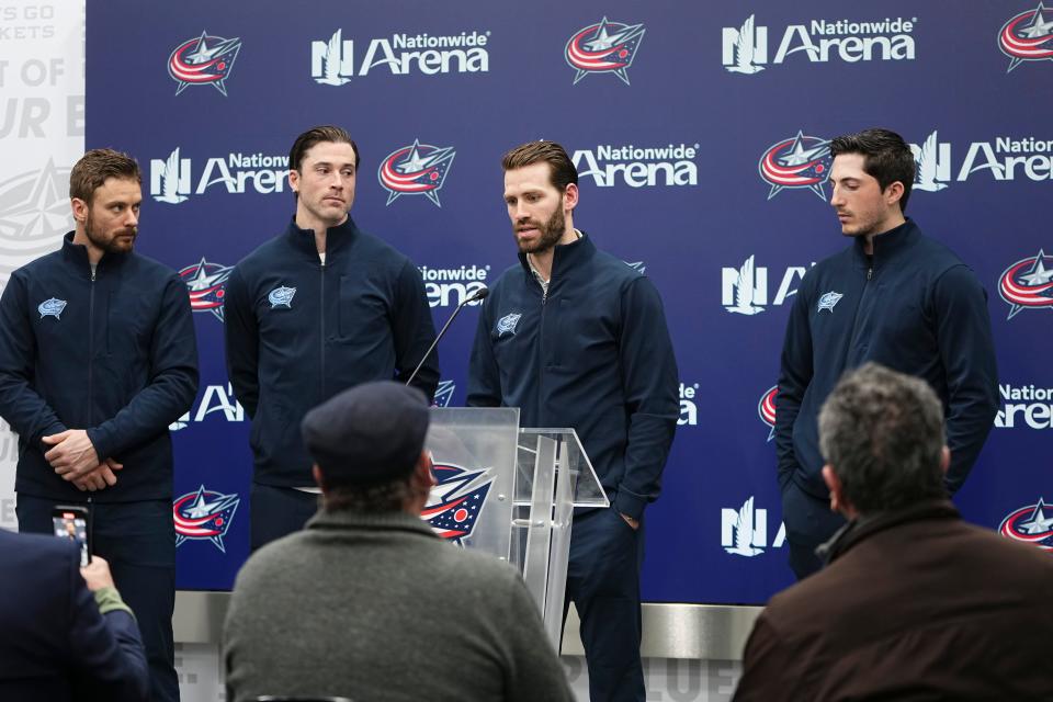 Feb 15, 2024; Columbus, Ohio, USA; Columbus Blue Jackets captains, from left, Sean Kuraly, Erik Gudbranson, Boone Jenner and Zach Werenski speak during a press conference after general manager Jarmo Kekalainen was fired at Nationwide Arena.