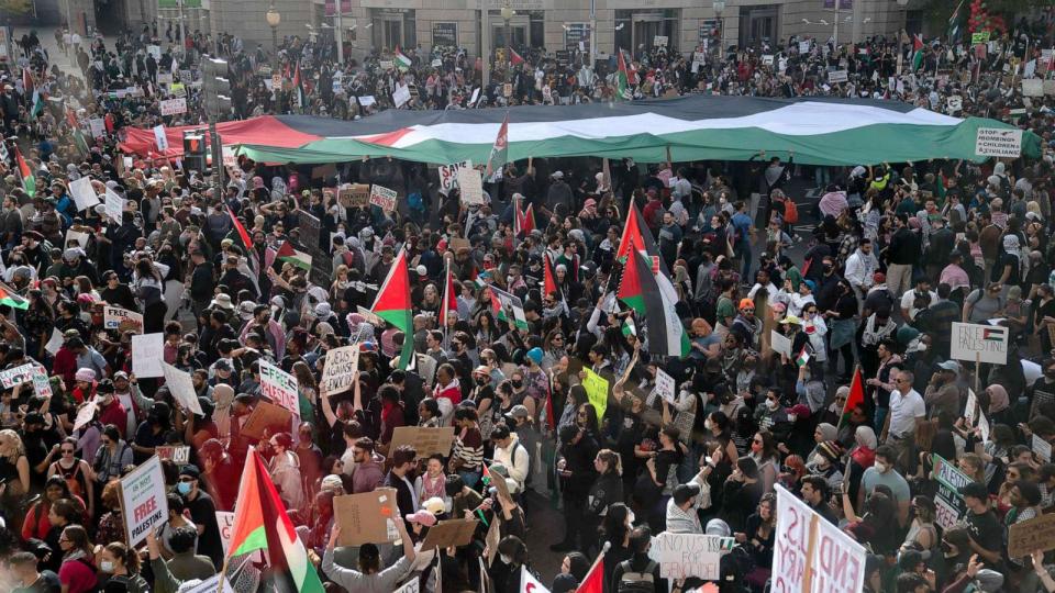 PHOTO: Demonstrators gather in Freedom Plaza during a rally in support of Palestinians in Washington, D.C., on Nov. 4, 2023. (Stefani Reynolds/AFP via Getty Images)