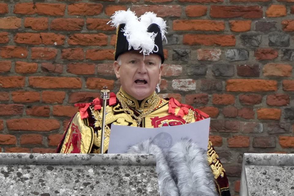 Garter Principle King of Arms, David Vines White reads the proclamation of new King, King Charles III, from the Friary Court balcony (Kirsty Wigglesworth/PA) (PA Wire)