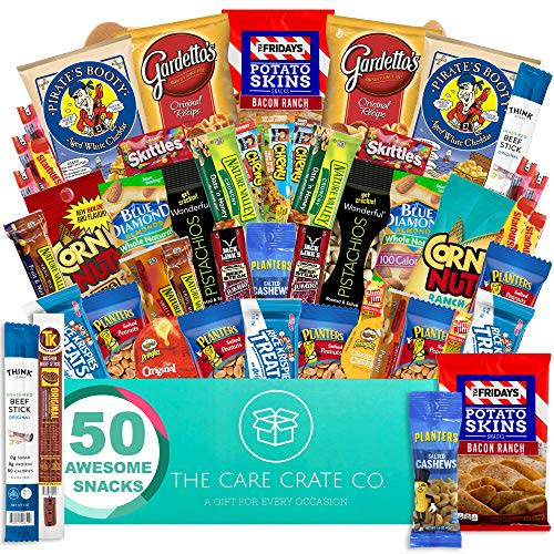 Men's Hearty Snack Box - Ultimate Man Care Package ( 50 piece Snack Pack ) Jerky, Nuts, Chips and Pretzels Variety Pack - The Care Crate Co.