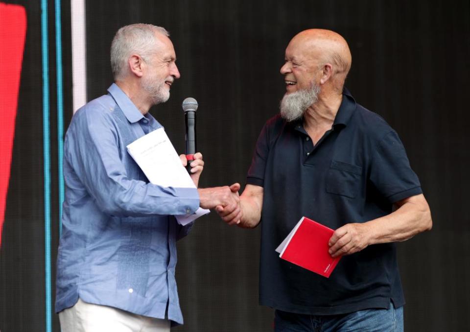 Jeremy Corbyn and Michael Eavis on the Pyramid stage.