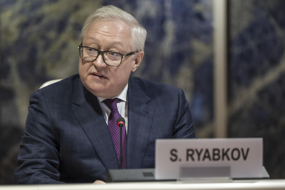 Russian Deputy Minister of Foreign Affairs Sergei Ryabkov delivers his speech during a session of the Conference on Disarmament at the European headquarters of the United Nations in Geneva, Switzerland, Thursday, March 2, 2023. (Martial Trezzini/Keystone via AP)