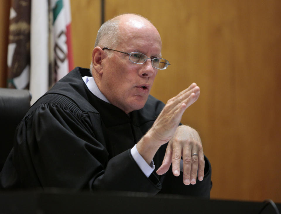 Sacramento County Superior Court Judge Michael Kenny denied a request to stop the secretary of state from placing Gov. Jerry Brown's tax initiative first on the November ballot, during a hearing in Sacramento, Calif., Monday, July 9, 2012. The motion was brought by civil rights attorney Molly Munger who is bankrolling a campaign to raise income taxes to fund pubic schools and sued last week after Brown signed a bill moving bond measures and constitutional amendments to the top of the ballot. (AP Photo/Rich Pedroncelli)