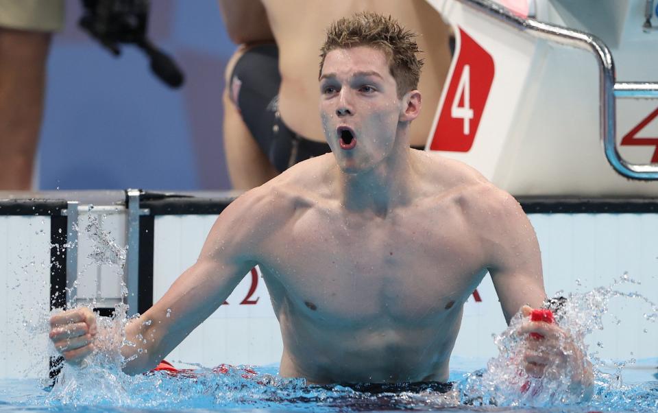 Duncan Scott celebrates after anchoring Great Britain to victory in the Men's 4x200m Freestyle Relay on day five of the Tokyo 2020 Olympic Games at Tokyo Aquatics Centre on July 28, 2021 - Getty Images AsiaPac 