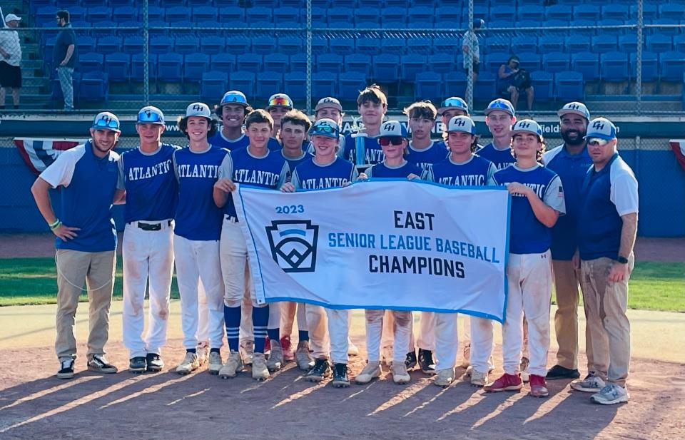 The Cherry Hill Atlantic Senior League team captured the East Region banner with two wins over Pennsylvania on Monday. The team heads to South Carolina to play in the Senior League World Series later this week.