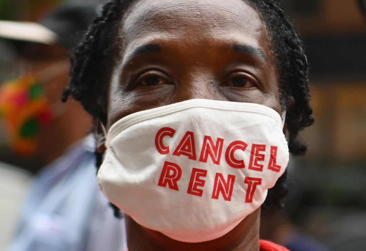 Protestors demonstrate during a 'No Evictions, No Police' national day of action protest against law enforcement who forcibly remove people from homes on September 1, 2020 in New York City. - Activists and relief groups in the United States are scrambling to head off a monumental wave of evictions nationwide, as the coronavirus crisis leaves tens of millions at risk of homelessness. (Photo by Angela Weiss / AFP) (Photo by ANGELA WEISS/AFP via Getty Images)