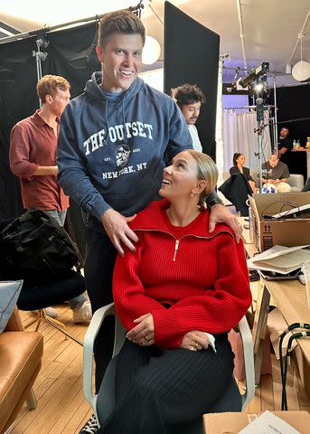 <p>Courtesy of Kate Foster</p> Scarlett Johansson and husband Colin Jost behind the scenes of The Outset.