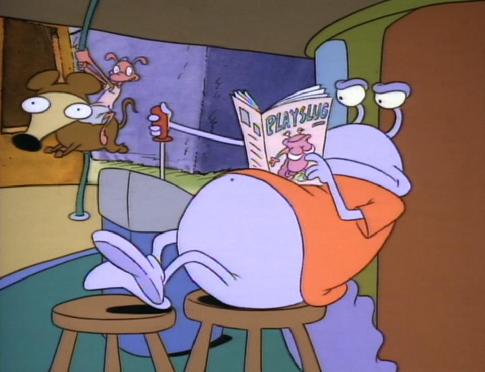 a slug reading playslug magazine on rocko's modern life