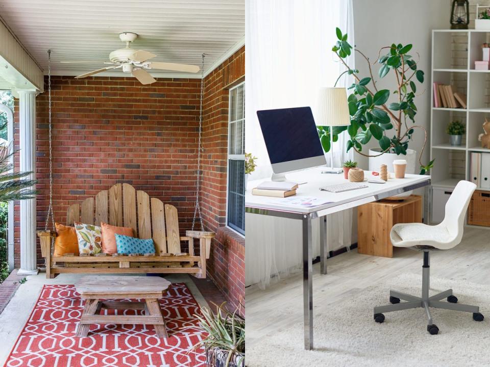 a photo of a decorated porch next to a photo of a white, minimalist home office