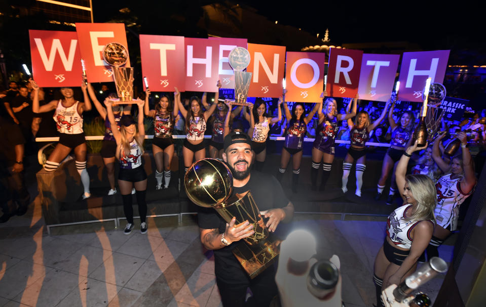 LAS VEGAS, NEVADA - JUNE 14: Drake carries the Larry O'Brien NBA Championship Trophy as he celebrates the Toronto Raptor's NBA championship at XS Nightclub at Wynn Las Vegas on June 14, 2019 in Las Vegas, Nevada. (Photo by David Becker/Getty Images for Wynn Las Vegas)