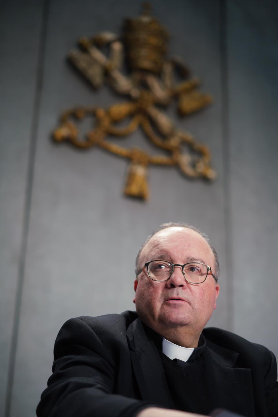 Malta's Archbishop Charles Scicluna holds a press conference to present the new sex abuse law, at the Vatican's press room, Rome, Thursday, May 9, 2019. Pope Francis issued a groundbreaking law Thursday requiring all Catholic priests and nuns around the world to report clergy sexual abuse and cover-up by their superiors to church authorities, in an important new effort to hold the Catholic hierarchy accountable for failing to protect their flocks. (AP Photo/Andrew Medichini)