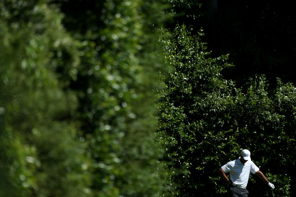 AUGUSTA, GA - APRIL 07: Tiger Woods of the United States looks on from the fifth tee during the third round of the 2012 Masters Tournament at Augusta National Golf Club on April 7, 2012 in Augusta, Georgia. (Photo by Andrew Redington/Getty Images)