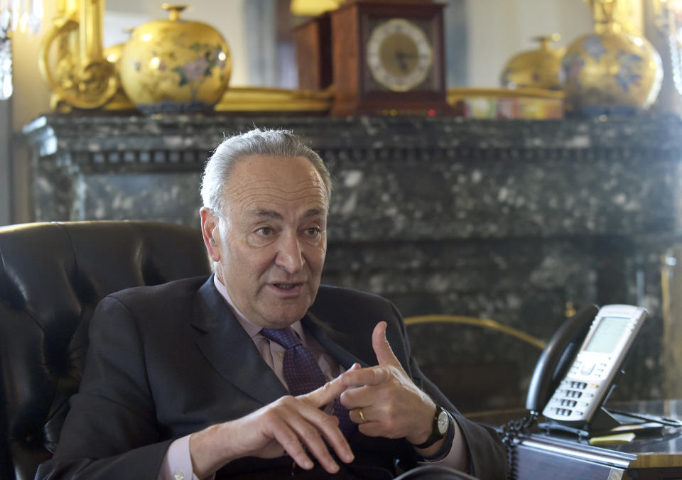 Senate Minority Leader Sen. Charles Schumer of N.Y., speaks during an interview in his office on Capitol Hill in Washington, Thursday, March 30, 2017. (AP Photo/Susan Walsh)