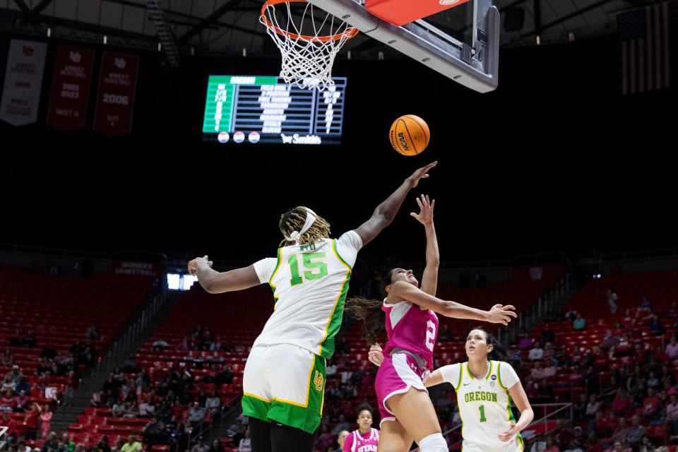 Utah Utes guard Inês Vieira (2) jumps for a lay up during a game at the Huntsman Center in Salt Lake City on Saturday, Feb. 11, 2023. The Utah Utes won 70-48. | Marielle Scott, Deseret News