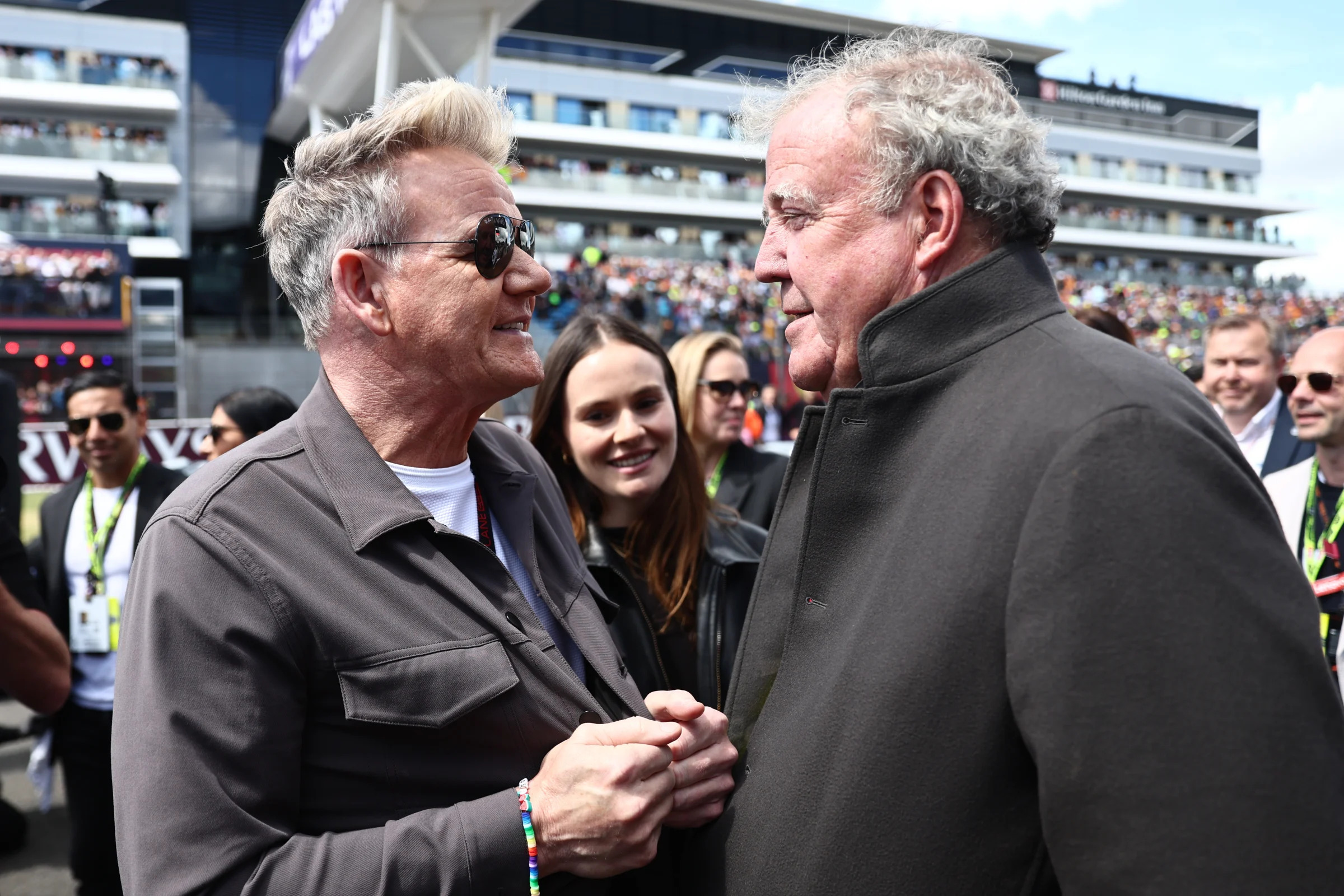 Gordon Ramsay and Jeremy Clarkson ahead of the Formula 1 British Grand Prix at Silverstone Circuit in Northampton, Great Britain on July 7, 2024. (Photo by Jakub Porzycki/NurPhoto via Getty Images)