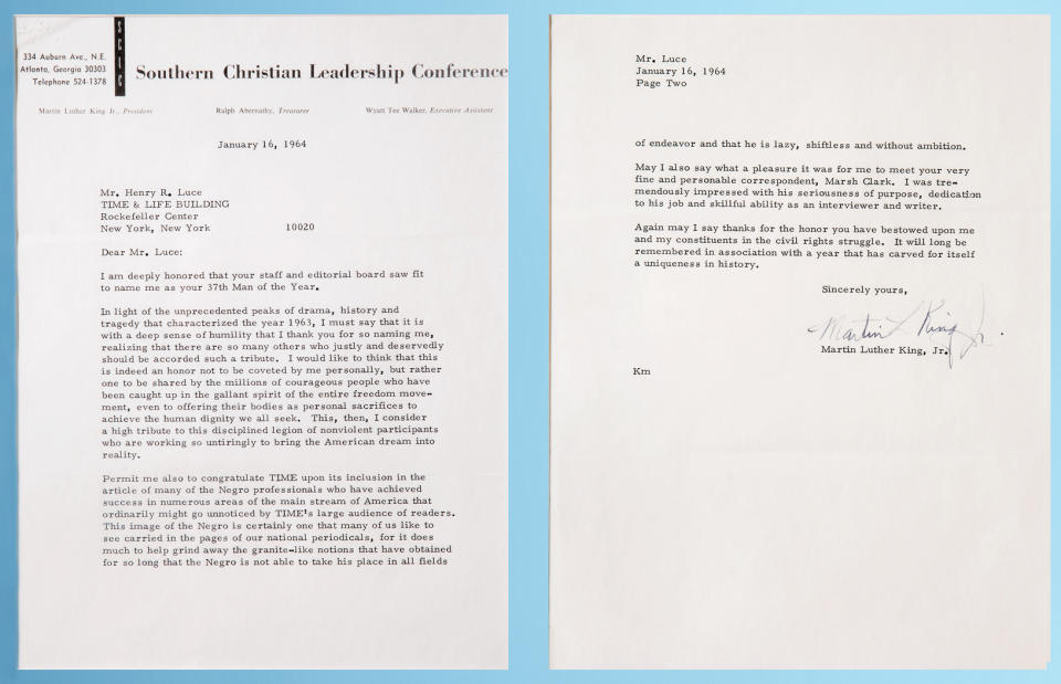 Martin Luther King, Jr. wrote this letter thanking Henry Luce for TIME's decision to name the civil rights leader as the Man of the Year in 1963. The March on Washington had just taken place that August, where Rev. King, TIME's first black Person of the Year, delivered the famous “I Have a Dream” speech.<span class="copyright">Fan Chen for TIME</span>