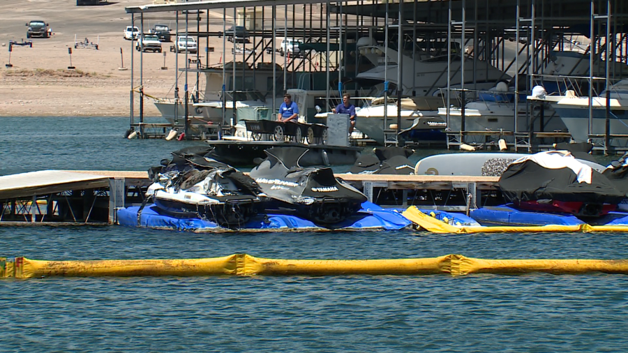 Damaged watercraft along the “I” dock where the Las Vegas Boat Harbor Marina’s VP of operations says Sunday morning’s fire originated. (KLAS)