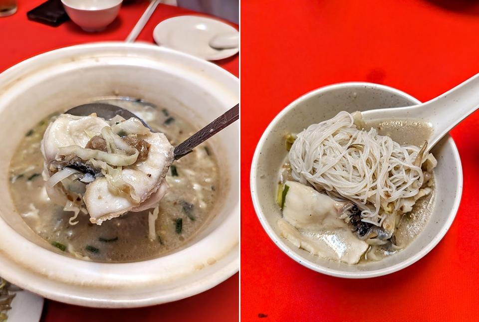 Slices of fish, cubes of yam and slivers of cabbage make up the soup (left). Grey isn’t the new black, but a bit of soy sauce goes a long way to making this a hit (right).