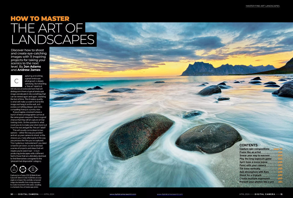 Opening two pages of Digital Camera magazine's April 2024 cover feature, a fine-art photography masterclass