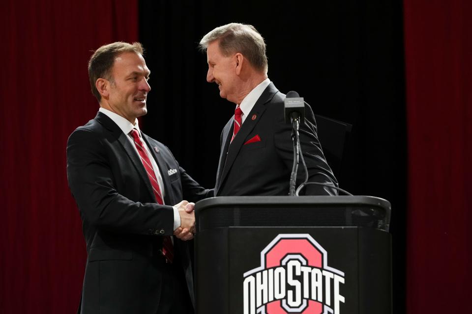 Jan 17, 2024; Columbus, OH, USA; Ohio State president Ted Carter introduces Ross Bjork as the university’s new athletic director during a press conference at the Covelli Center.