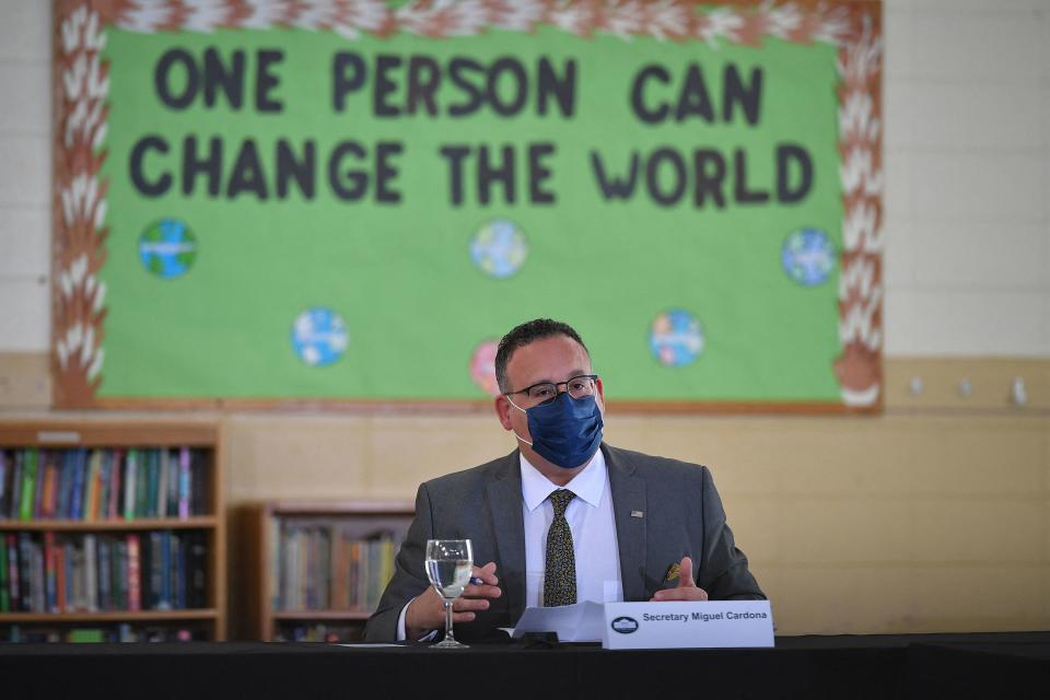 US Education Secretary Miguel Cardona take part in a roundtable discussion at the Boys & Girls Club of New Haven in New Haven, Connecticut on March 26, 2021. (Photo by MANDEL NGAN / AFP) (Photo by MANDEL NGAN/AFP via Getty Images)