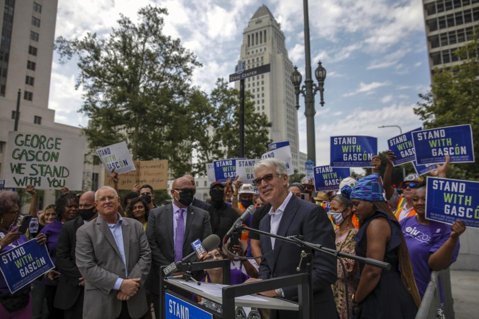 Los Angeles Dist. Atty. George Gascón addresses a news conference at the Hall of Justice