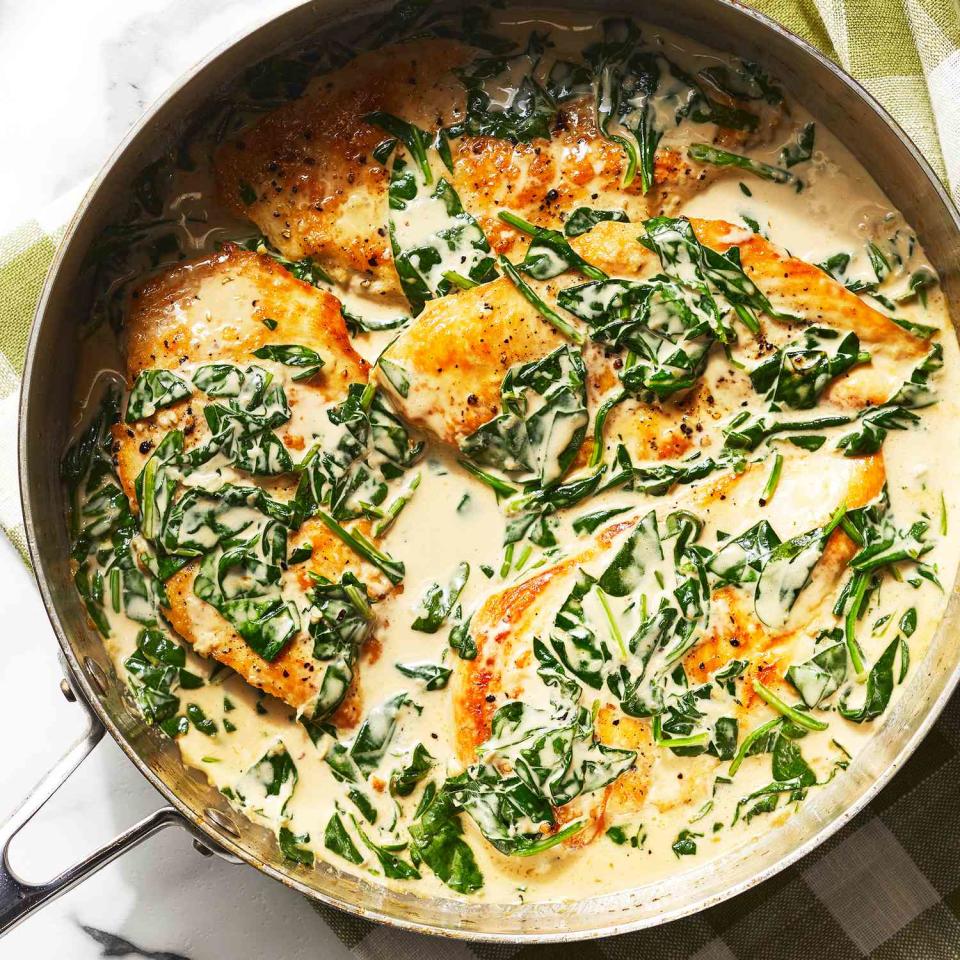<p>Quick-cooking chicken cutlets are coated in a garlic cream sauce, while spinach adds a boost of color and nutrition in this easy, one-skillet recipe. <a href="https://www.eatingwell.com/recipe/7938891/creamy-garlic-skillet-chicken-with-spinach/" rel="nofollow noopener" target="_blank" data-ylk="slk:View Recipe;elm:context_link;itc:0;sec:content-canvas" class="link ">View Recipe</a></p>