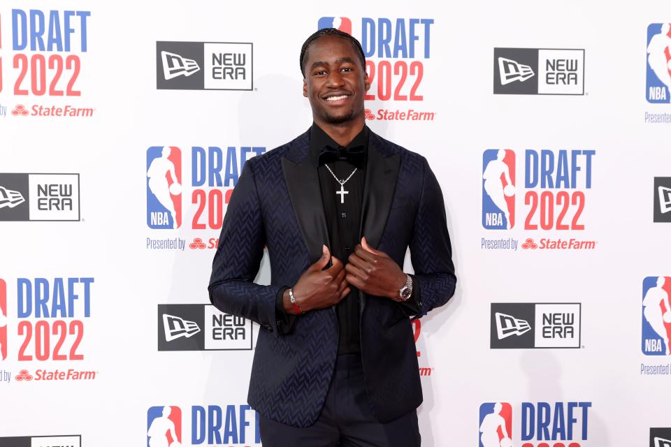 Jun 23, 2022; Brooklyn, NY, USA; AJ Griffin (Duke) poses for photos on the red carpet before the 2022 NBA Draft at Barclays Center. Mandatory Credit: Brad Penner-USA TODAY Sports