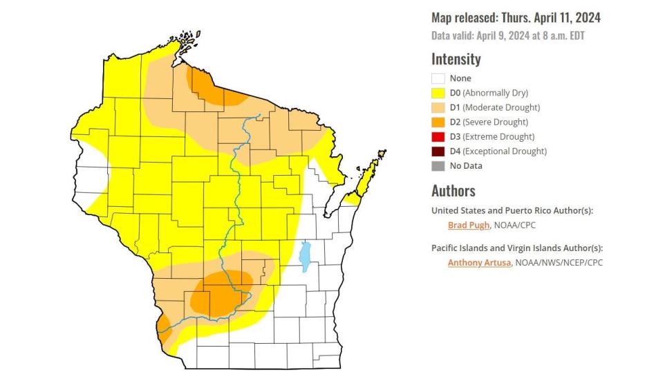 The April 11 U.S Drought Monitor report for Wisconsin. Drought conditions improved after heavy snow and rain in early April.