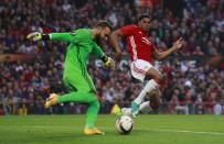 <p>Manchester United’s Marcus Rashford challenges Celta Vigo’s Sergio Alvarez </p>