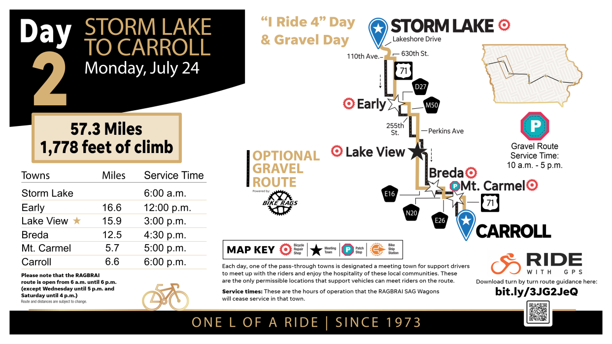 Final map for Day 2 of RAGBRAI's 50th anniversary ride, July 24