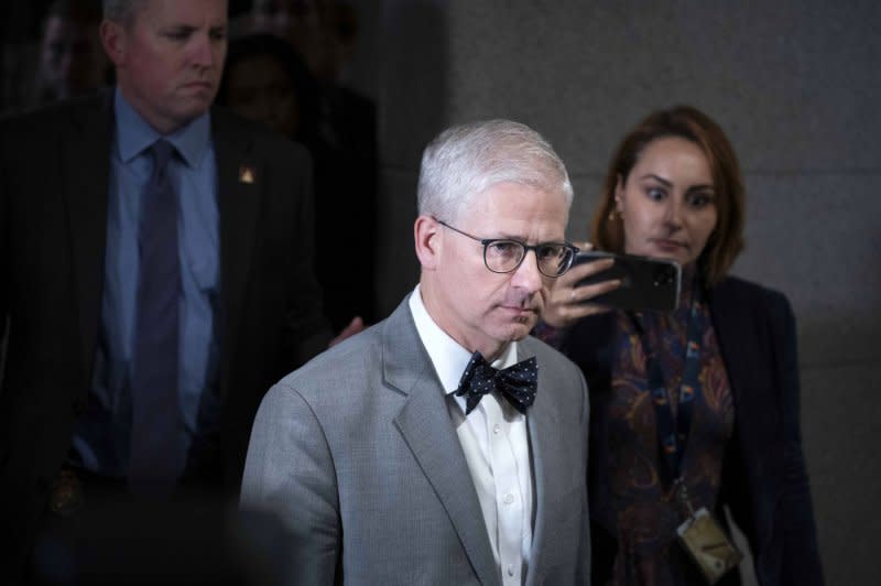 Speaker Pro Tempore Rep. Patrick McHenry, R-N.C., walks to a House GOP meeting on Thursday. Photo by Bonnie Cash/UPI