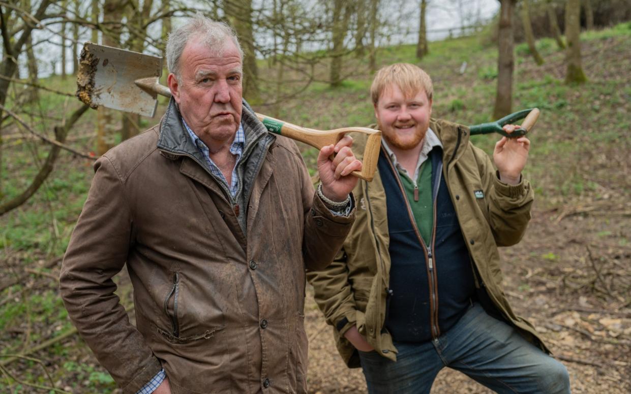 Jeremy Clarkson with Kaleb Cooper, filming the Clarkson's Farm series