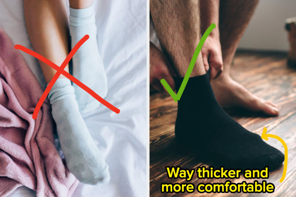 an x on women's socks and a check mark on men's socks