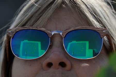 A section of an artwork attributed to street artist Banksy, depicting a workman chipping away at one of the 12 stars on the flag of the European Union, is reflected in the glasses of an onlooker in the ferry port of Dover, Britain May 7, 2017. REUTERS/Hannah McKay