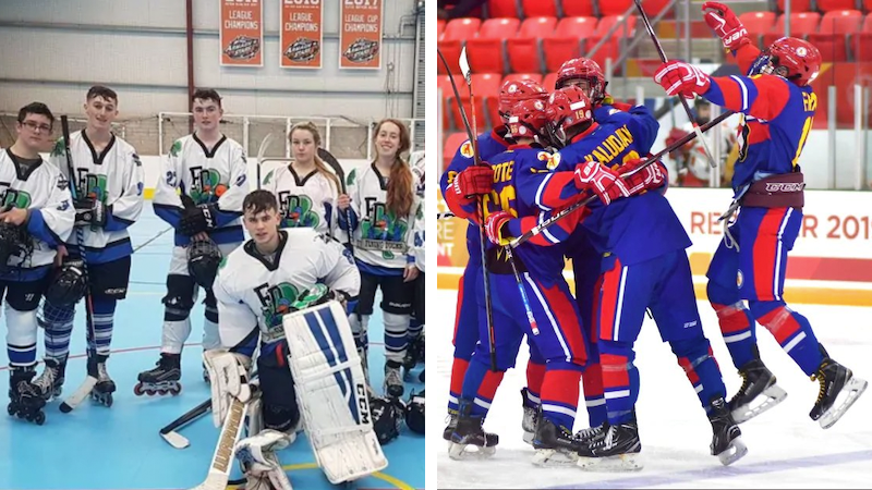 On the left, some members of the Irish Flying Ducks hockey team pose for a photo on in-line skates, while Nunavut male hockey players celebrate their performance at the Canada Winter Games in Alberta. Photos from Aisling Daly via CBC News and Hunter Tootoo via Twitter.