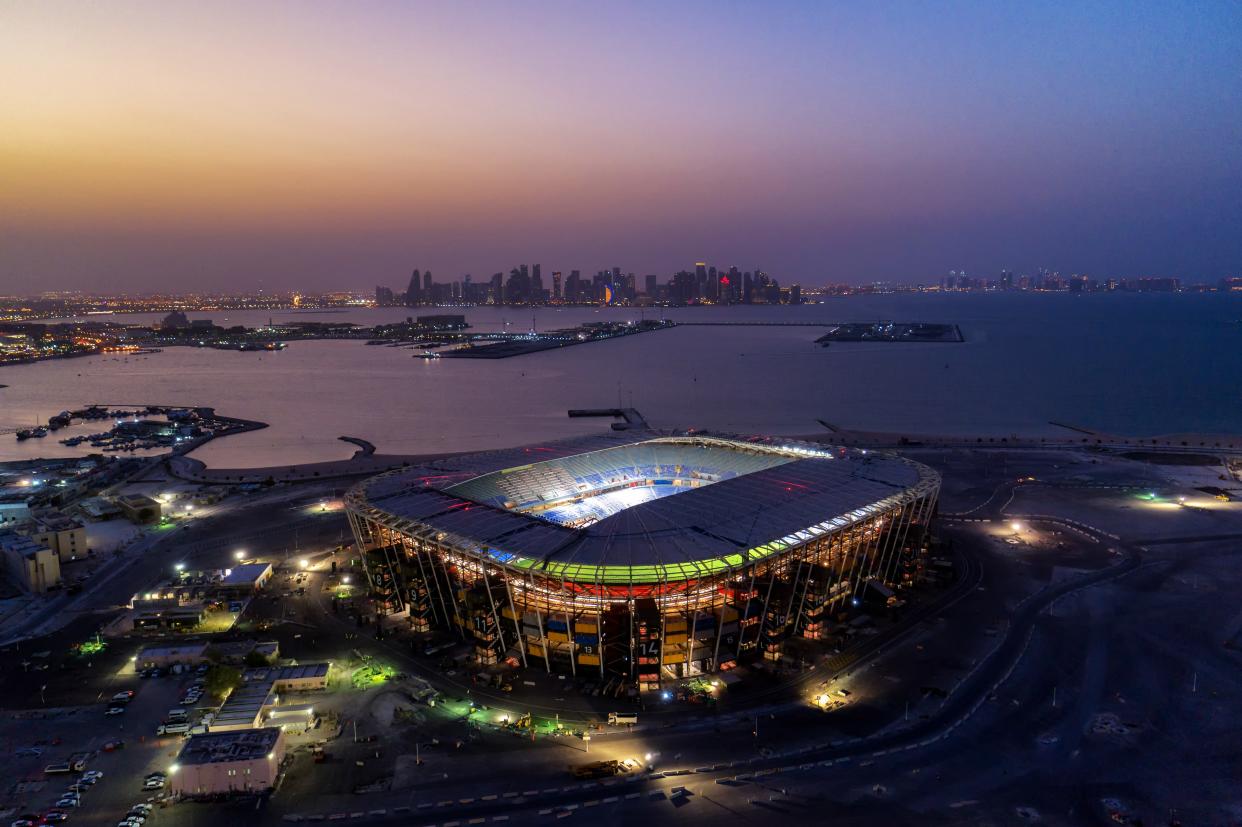 Photo taken on Sept. 1, 2021 shows the aerial view of 974 Stadium which will host the 2022 FIFA World Cup matches in Doha, Qatar. (Photo by Xinhua via Getty Images)