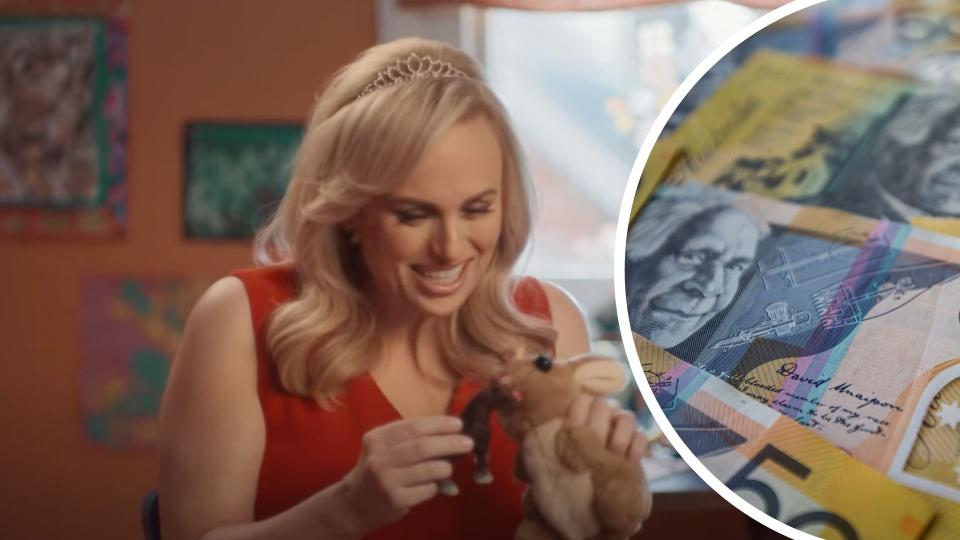 Rebel Wilson smiles while holding two toys in Afterpay ad, close up of Australian $50 notes. 