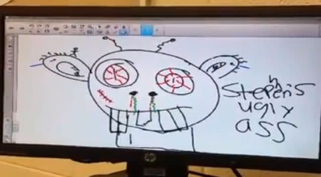 Substitute teacher allegedly joined in on taunting a special needs student after one of his classmates drew this sketch on an electronic whiteboard. Photo: YouTube