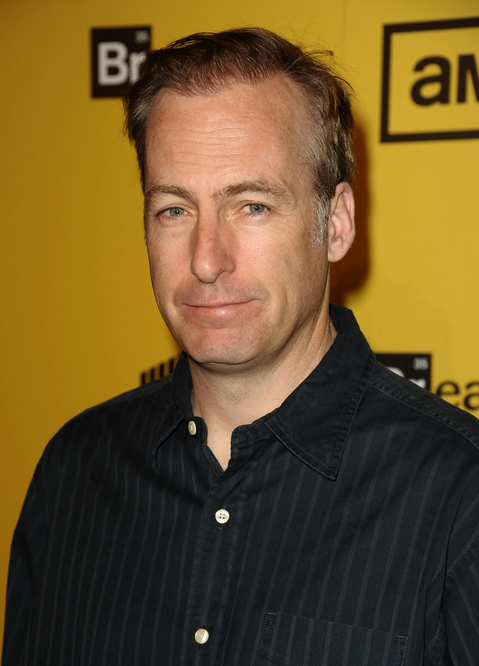 A closeup of Bob Odenkirk at a premiere wearing a striped black button-up shirt