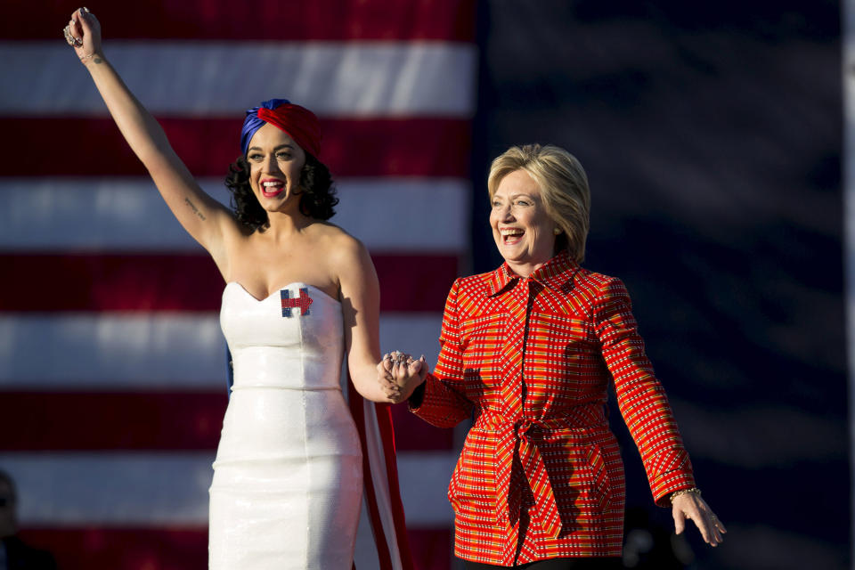 Hillary Clinton with singer Katy Perry at a rally in Des Moines, Iowa