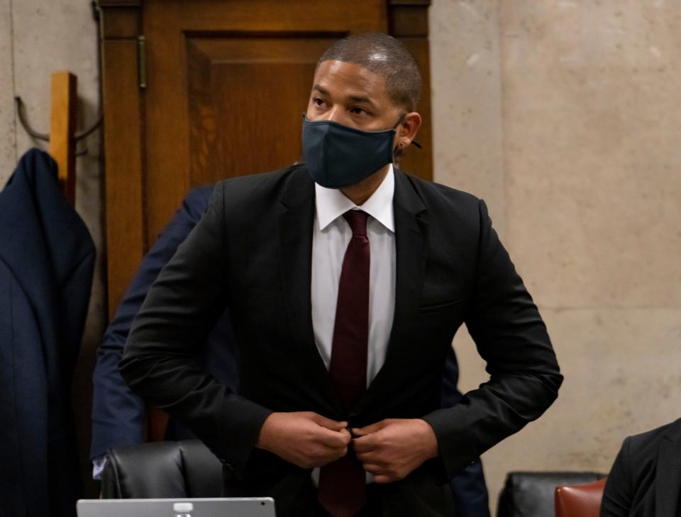 Actor Jussie Smollett appears at his sentencing hearing at the Leighton Criminal Court Building, Thursday, March 10, 2022, in Chicago. (Brian Cassella/Chicago Tribune via AP, Pool) ORG XMIT: ILCHT608