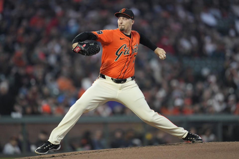 San Francisco Giants pitcher Blake Snell works against the Arizona Diamondbacks during the third inning of a baseball game in San Francisco, Friday, April 19, 2024. (AP Photo/Jeff Chiu)