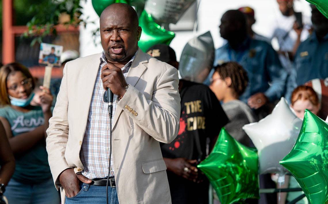 Damon Daniel, president of AdHoc, speaks during a vigil for 6-year-old Sir’Antonio Brown on Wednesday, May 10, 2023, in Kansas City, Kan. Brown was killed May 3 while playing outside his home.