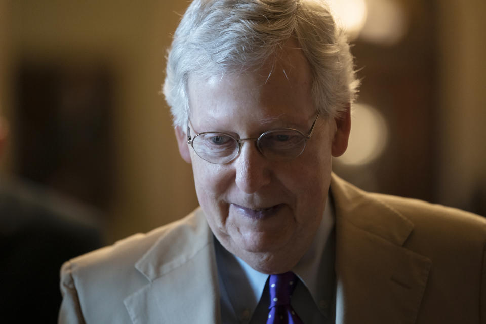 Senate Majority Leader Mitch McConnell, R-Ky., leaves the chamber after appealing for lawmakers to vote against more than a dozen resolutions aimed at blocking the Trump administration's sale of weapons to Saudi Arabia, at the Capitol in Washington, June 20, 2019. (Photo: J. Scott Applewhite)