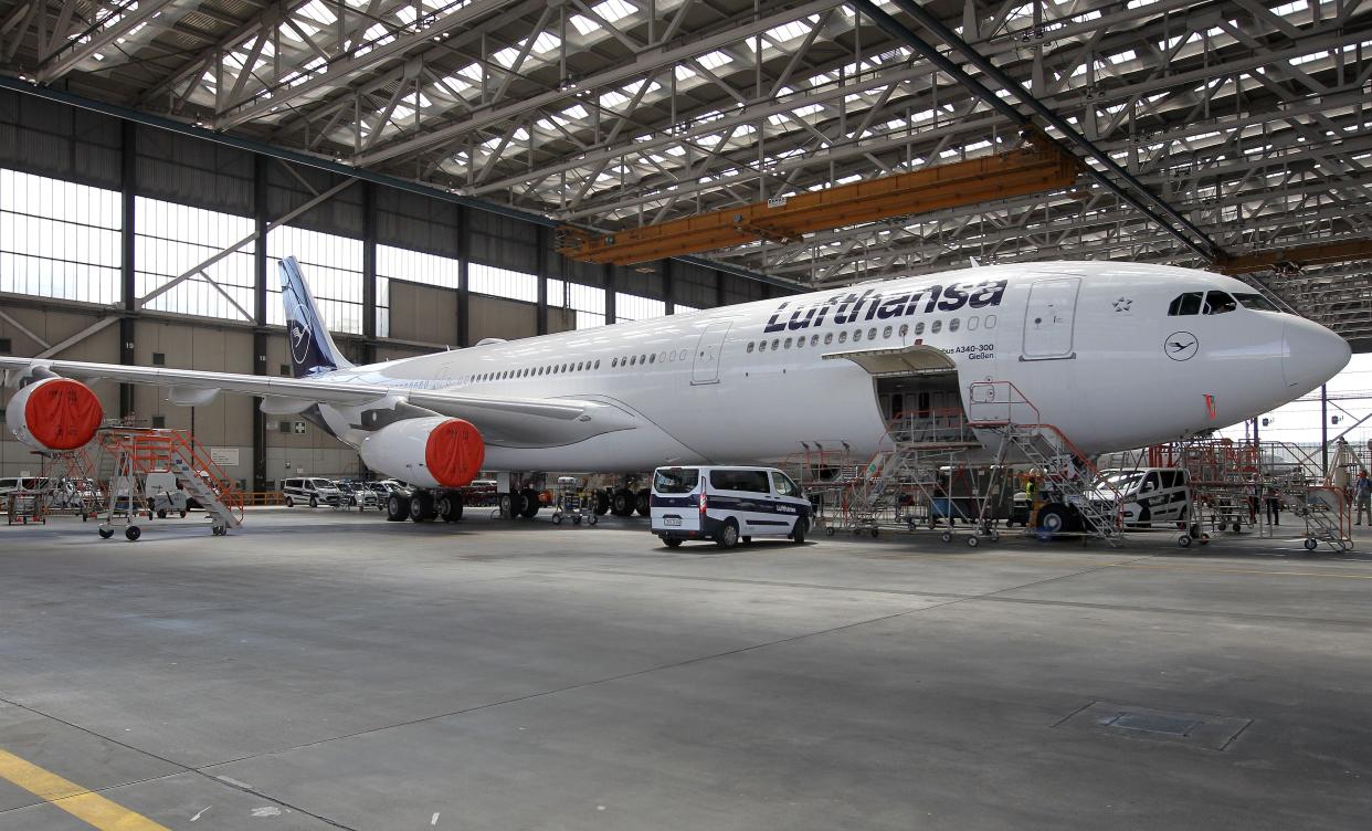 A Lufthansa airbus A 340 is pictured in a hangar at the airport in Frankfurt am Main, western Germany, on July 30, 2020. (Photo by Daniel ROLAND / AFP) (Photo by DANIEL ROLAND/AFP via Getty Images)