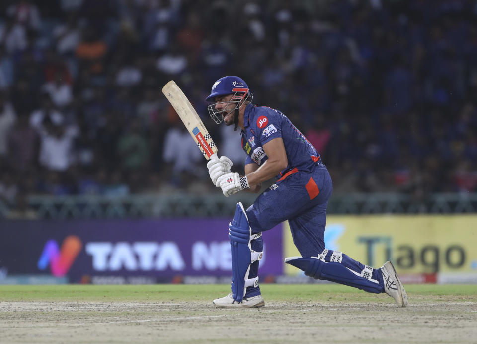 Marcus Stoinis of Lucknow Super Giants plays a shot during the Indian Premier League cricket match between Lucknow Super Giants and Sunrisers Hyderabad, in Lucknow, India, Friday, April 7, 2023. (AP Photo/Surjeet Yadav)