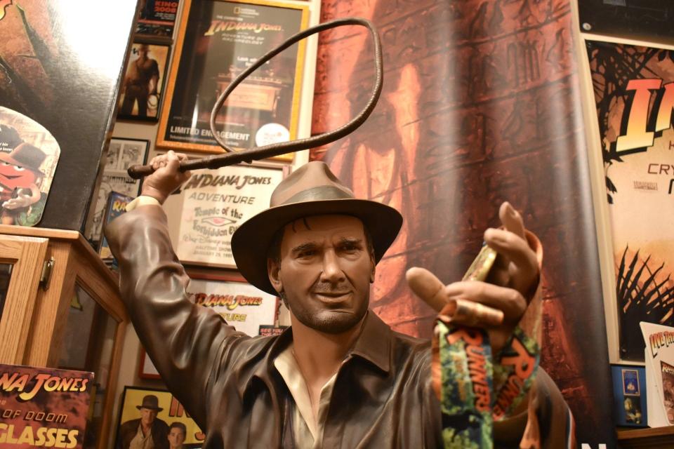 A life-size statue of Indiana Jones in Michael Miller's collection, as seen, July 5, 2023 in Sheboygan, Wis.